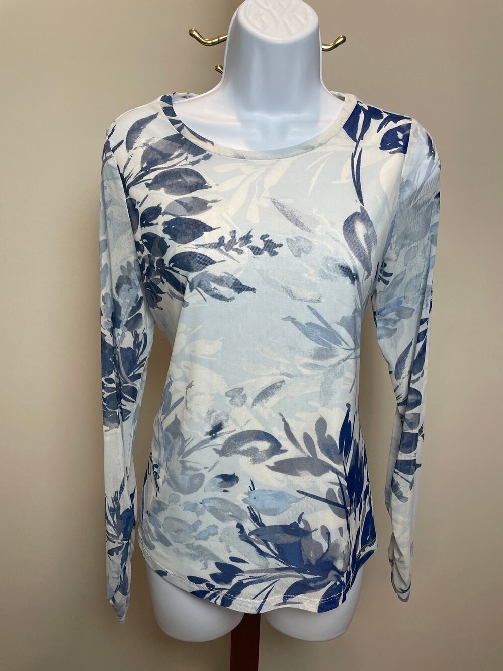 Calvin Klein Floral Sheer Sleeve Blouse Size M White Blue